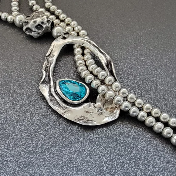 Pewter-Tone Silver-Plated Lariat Necklace with Aqua Crystal - Picture 2 of 8